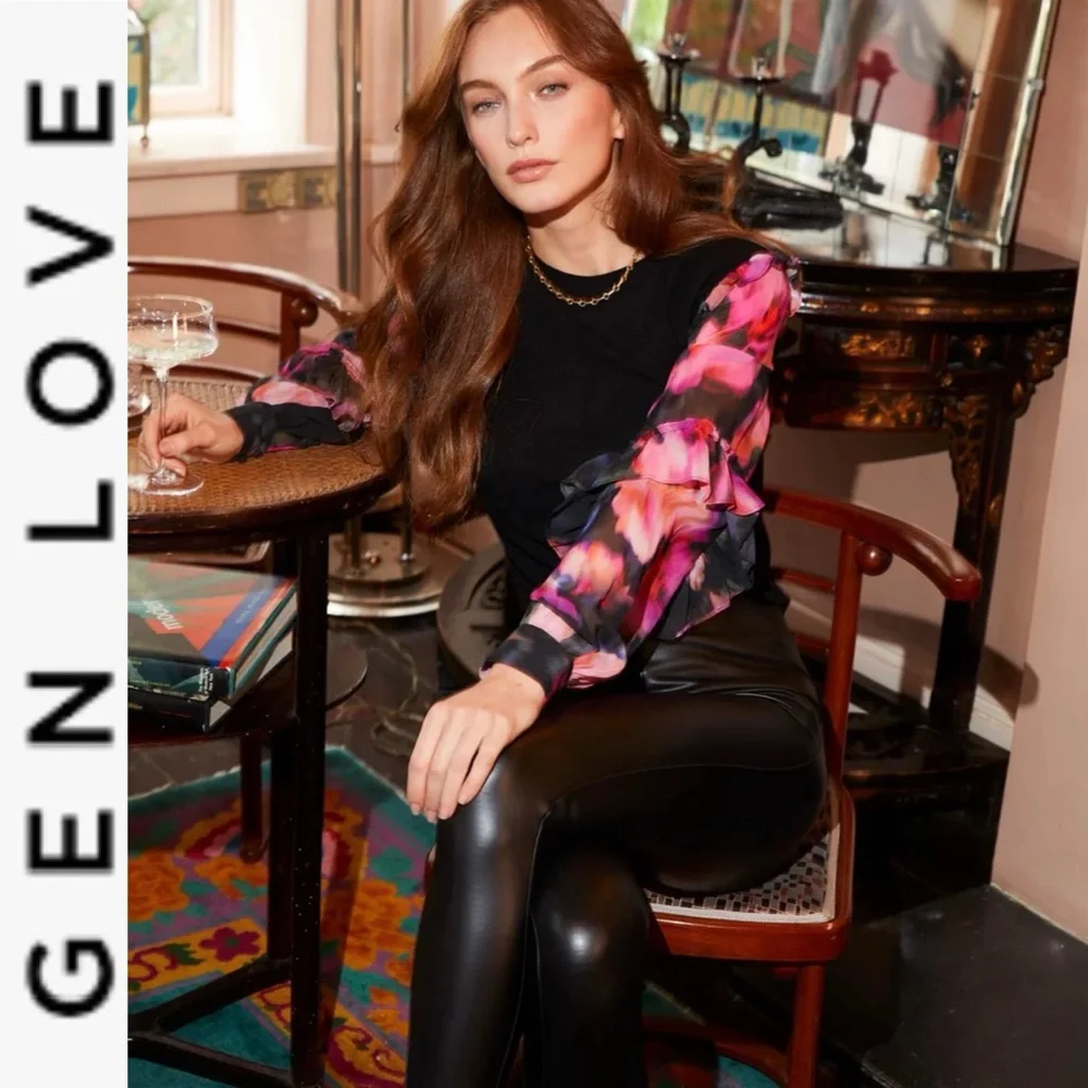 Like New Generation Love Joni Floral Sleeve Silk Top xs - Picture 3 of 13